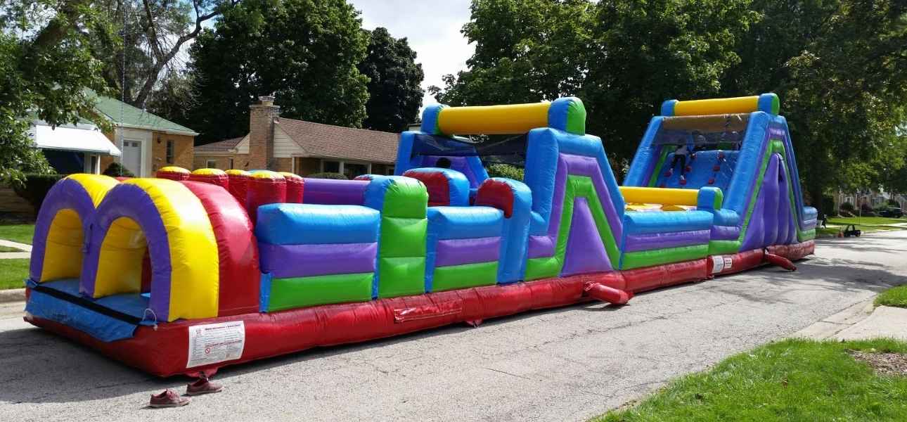 Size and slim layout of the 70ft Long Dual Lane obstacle course rental
