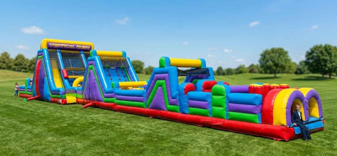Kids racing the 100ft Mega Vertical Rush obstacle course rental in Chicago