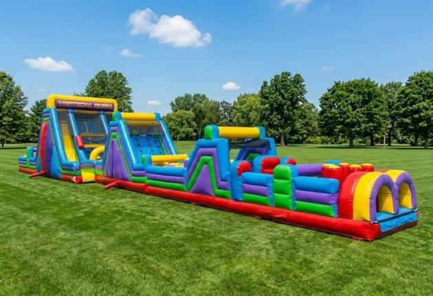 Size and layout of the 100ft Mega Vertical Rush obstacle course rental