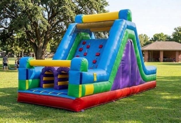 Size and layout of the 30ft Rock Climb Slide obstacle course rental
