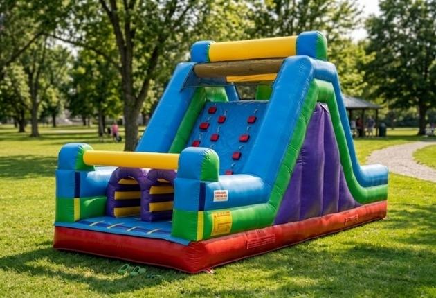 Kids climbing the 30ft Rock Climb Slide obstacle course rental in Chicago