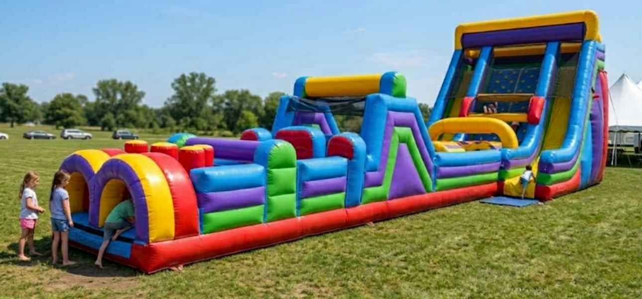 Kids racing the dual-lane 70ft Vertical Rush obstacle course rental in Chicago