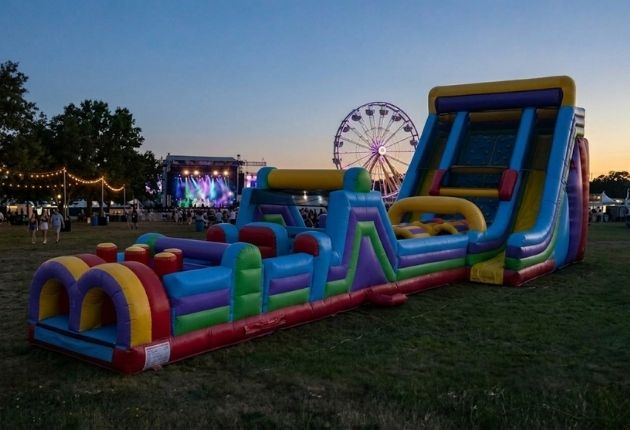 Side profile showing the size of the 70ft Vertical Rush plus 40ft obstacle course
