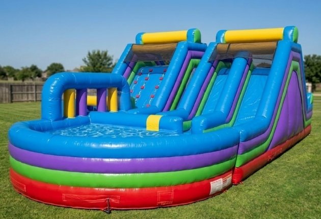 Size and U-shaped layout of the 75ft Rock Climb Slide obstacle course rental