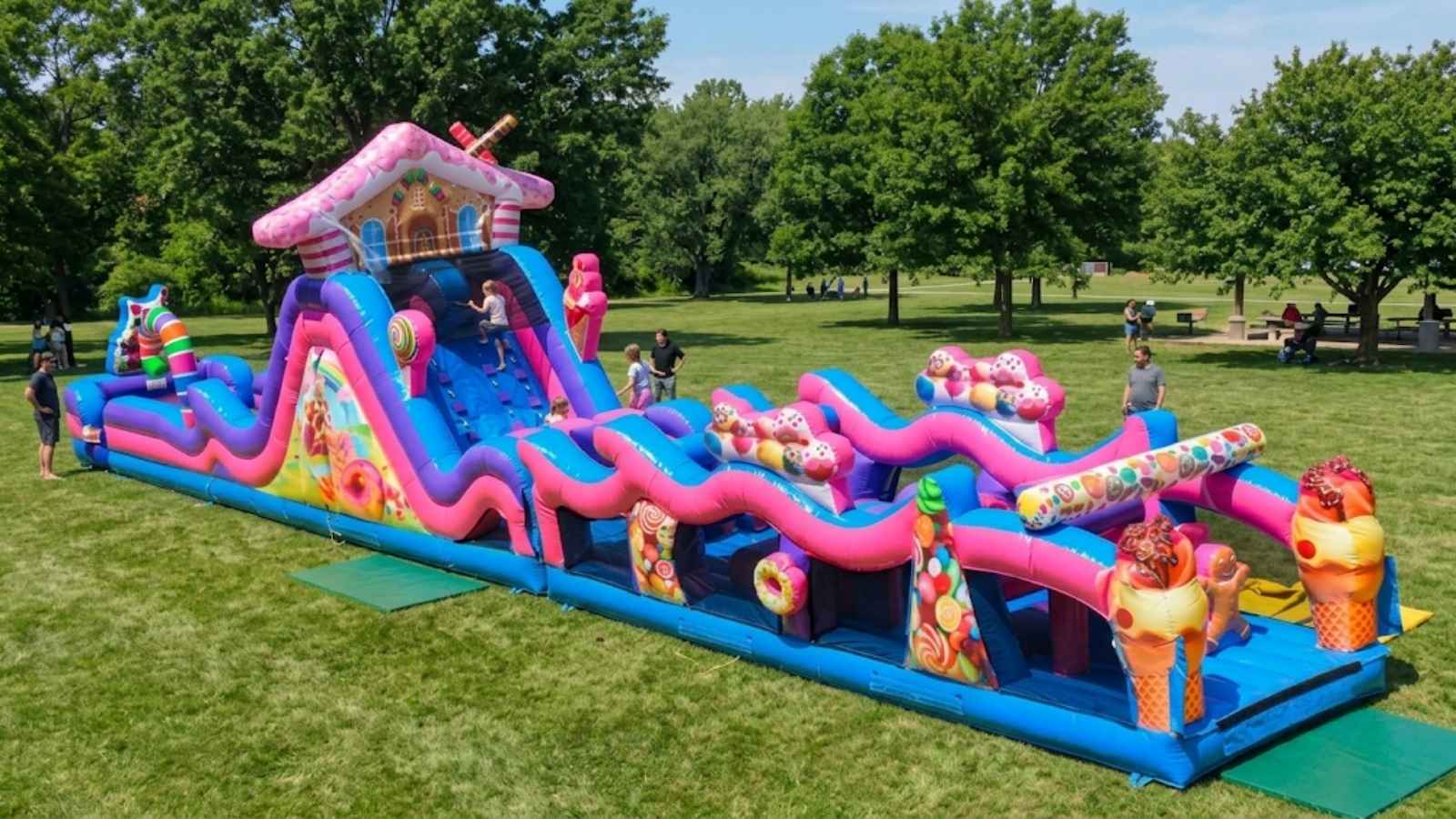 Kids racing the 77ft Candyland obstacle course rental in Chicago