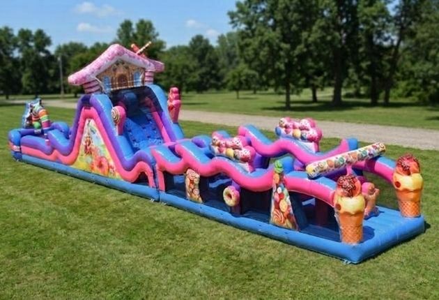 Size and layout of the 77ft Candyland obstacle course rental