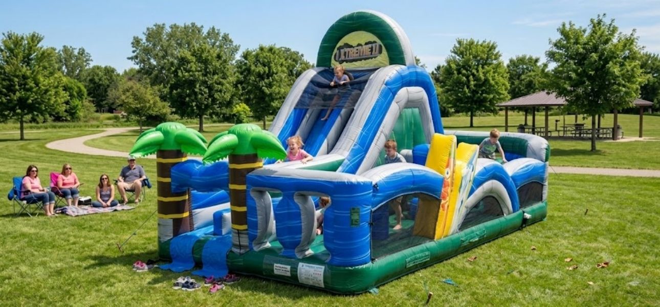 Extreme Tropical wet dry inflatable obstacle course rental Chicago IL