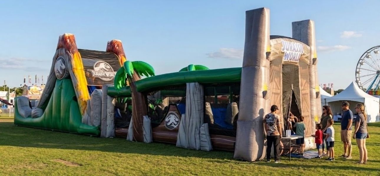 Jurassic Park 50ft dinosaur inflatable obstacle course rental Chicago IL